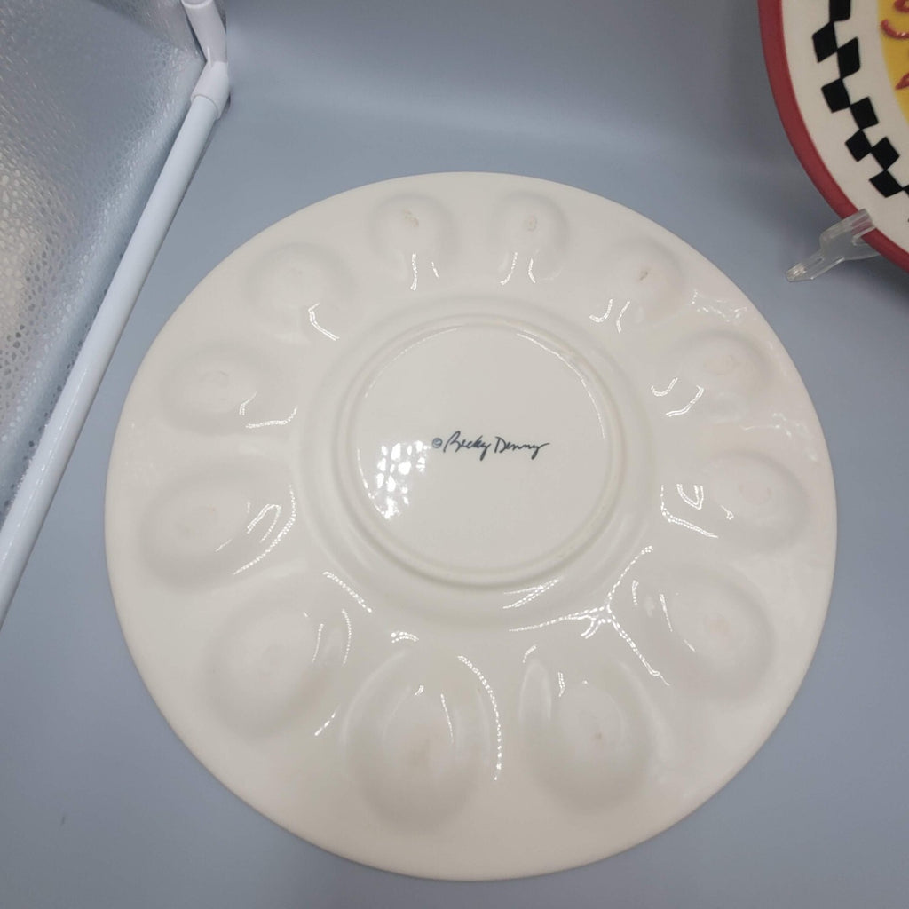 2 COCKADOODLE! Becky Denny Deviled Egg Platter Tray 12" Chicken SOUTHERN LIVING