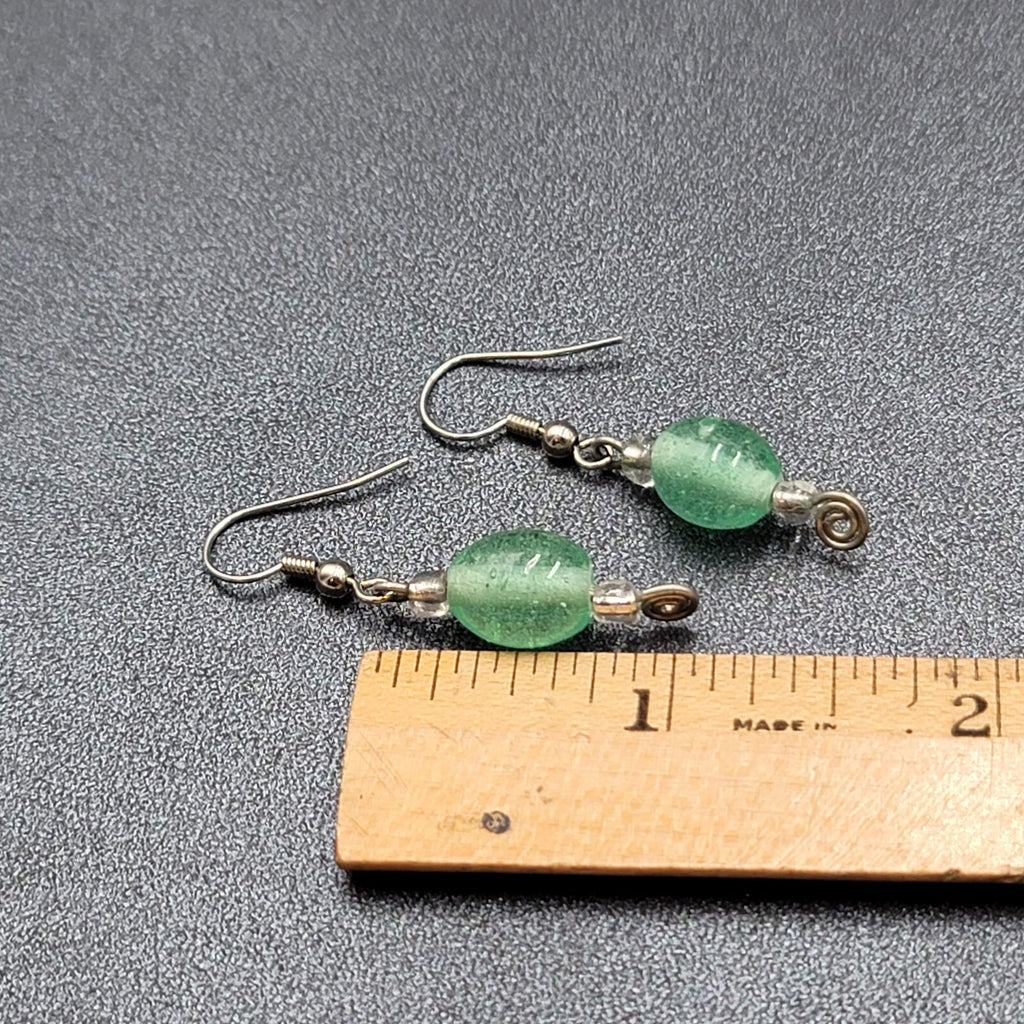Pierced Earrings Silver tone Green Glass Beads Dangle 1"