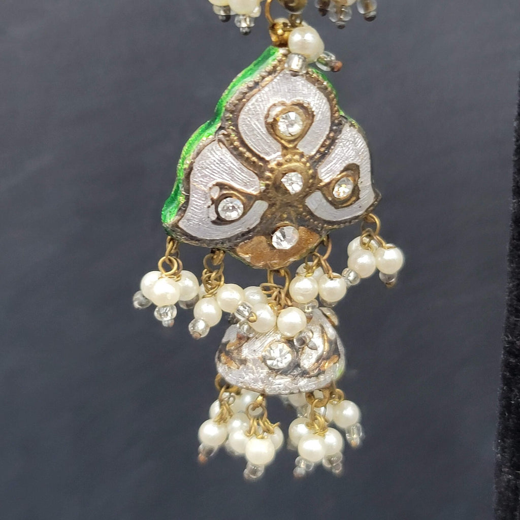 Clip on Earrings Large Enamel Guilloche Beaded Chandelier India Jewelry 2.75"