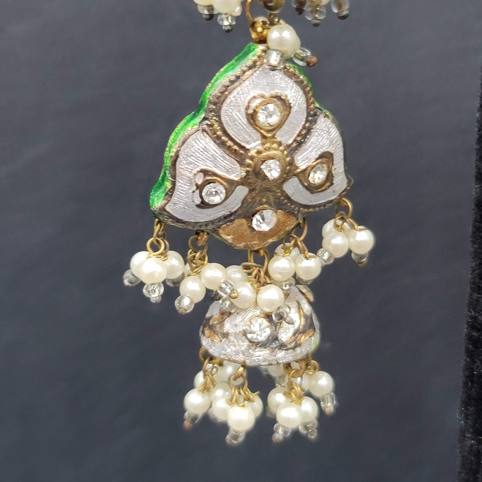 Clip on Earrings Large Enamel Guilloche Beaded Chandelier India Jewelry 2.75"