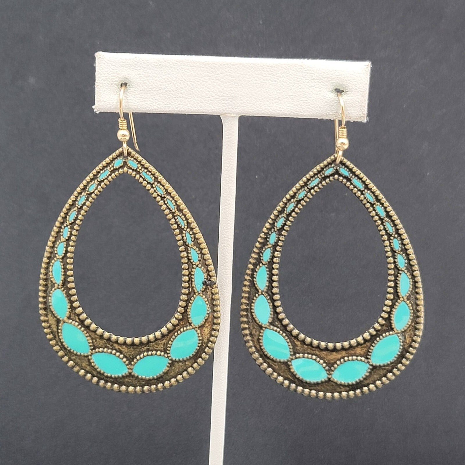 Pierced Earrings Bronze tone Blue Enamel Teardrop Hoops Large Dangle 2.75"