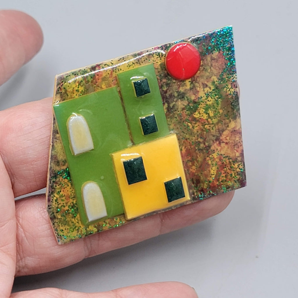 Lucinda House Pin Brooch Green Yellow House Red Sun Moon 2.25"