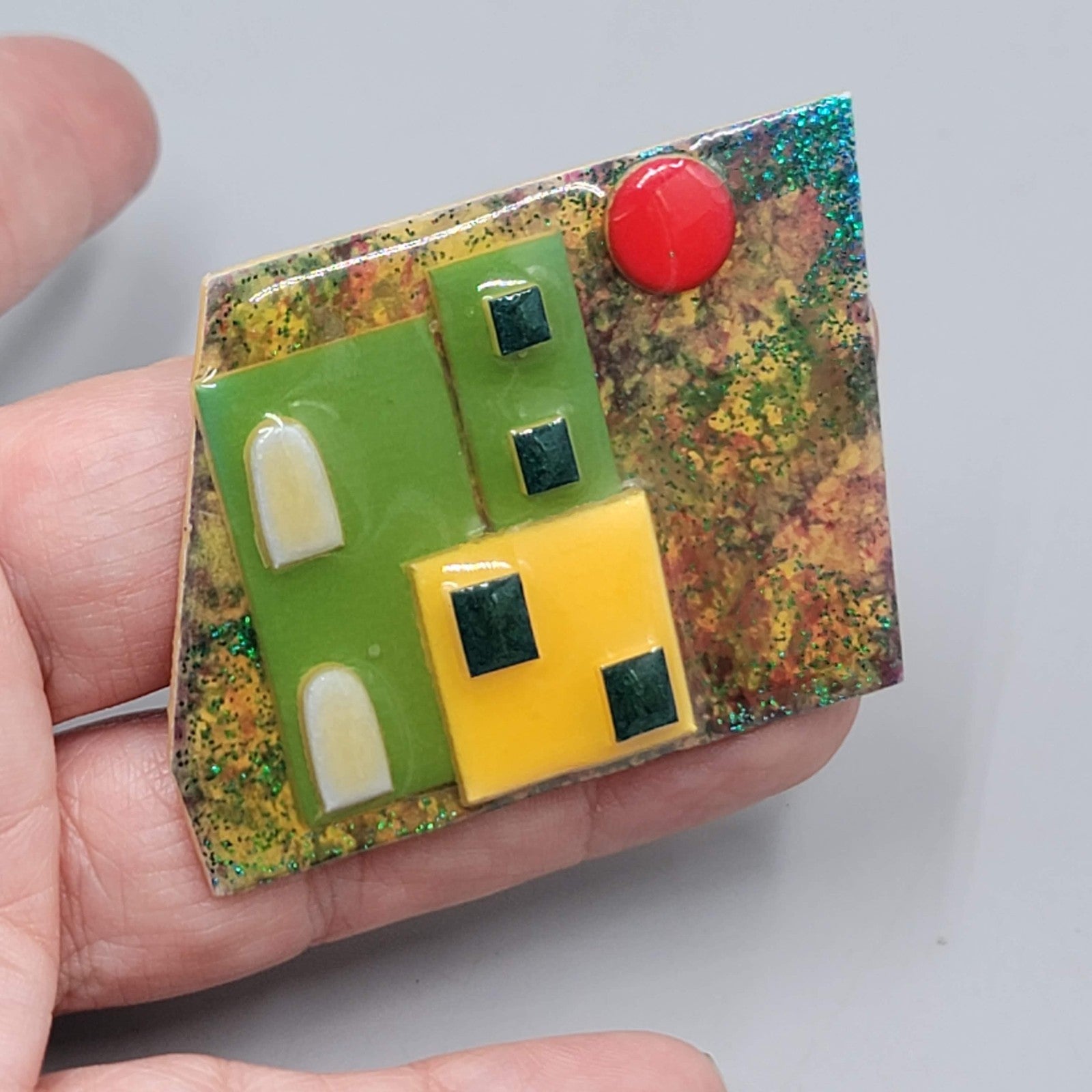 Lucinda House Pin Brooch Green Yellow House Red Sun Moon 2.25"