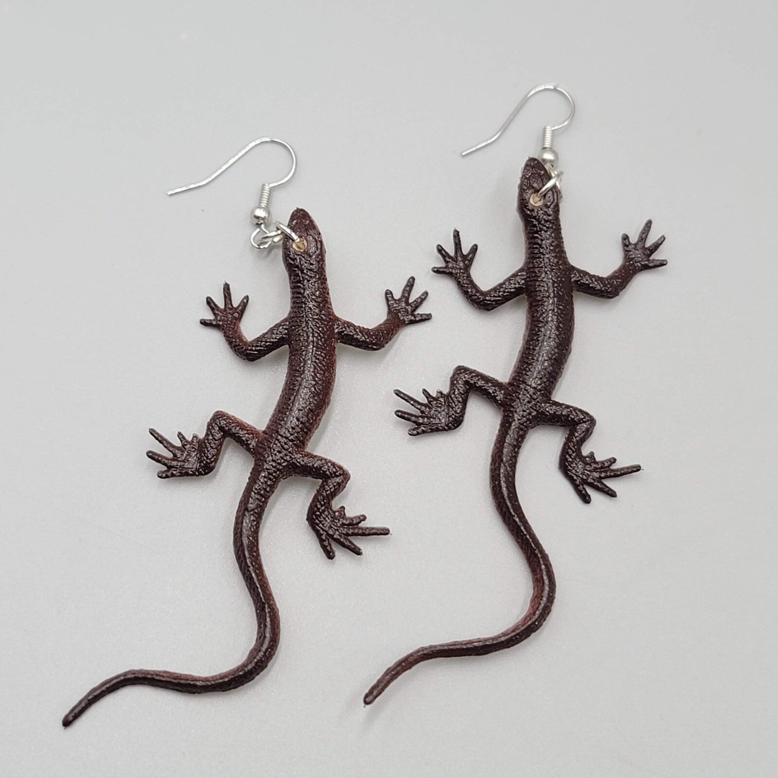 Brown Lizard Pierced Earrings Vinyl Dangle 2.75"