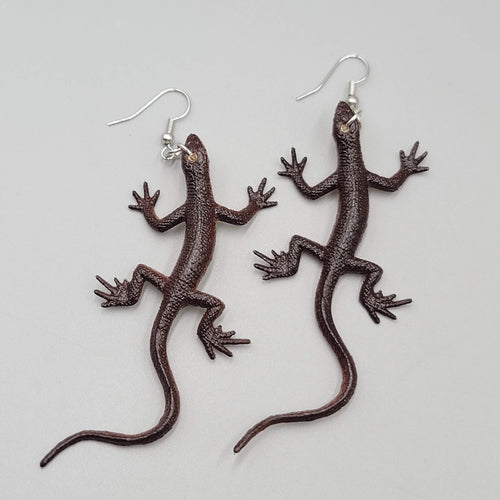 Brown Lizard Pierced Earrings Vinyl Dangle 2.75"