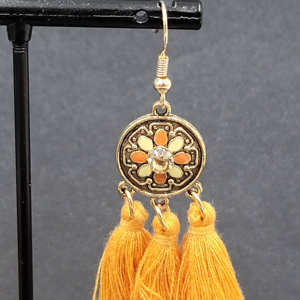 Pierced Earrings Gold tone Orange Tassel Rhinestone Medallion Dangle 1.75"