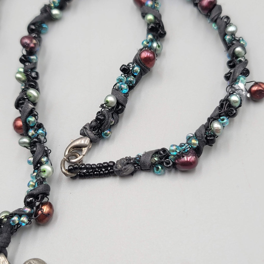 Artisan Heart Pendant Necklace Pearls Glass Bead 20"