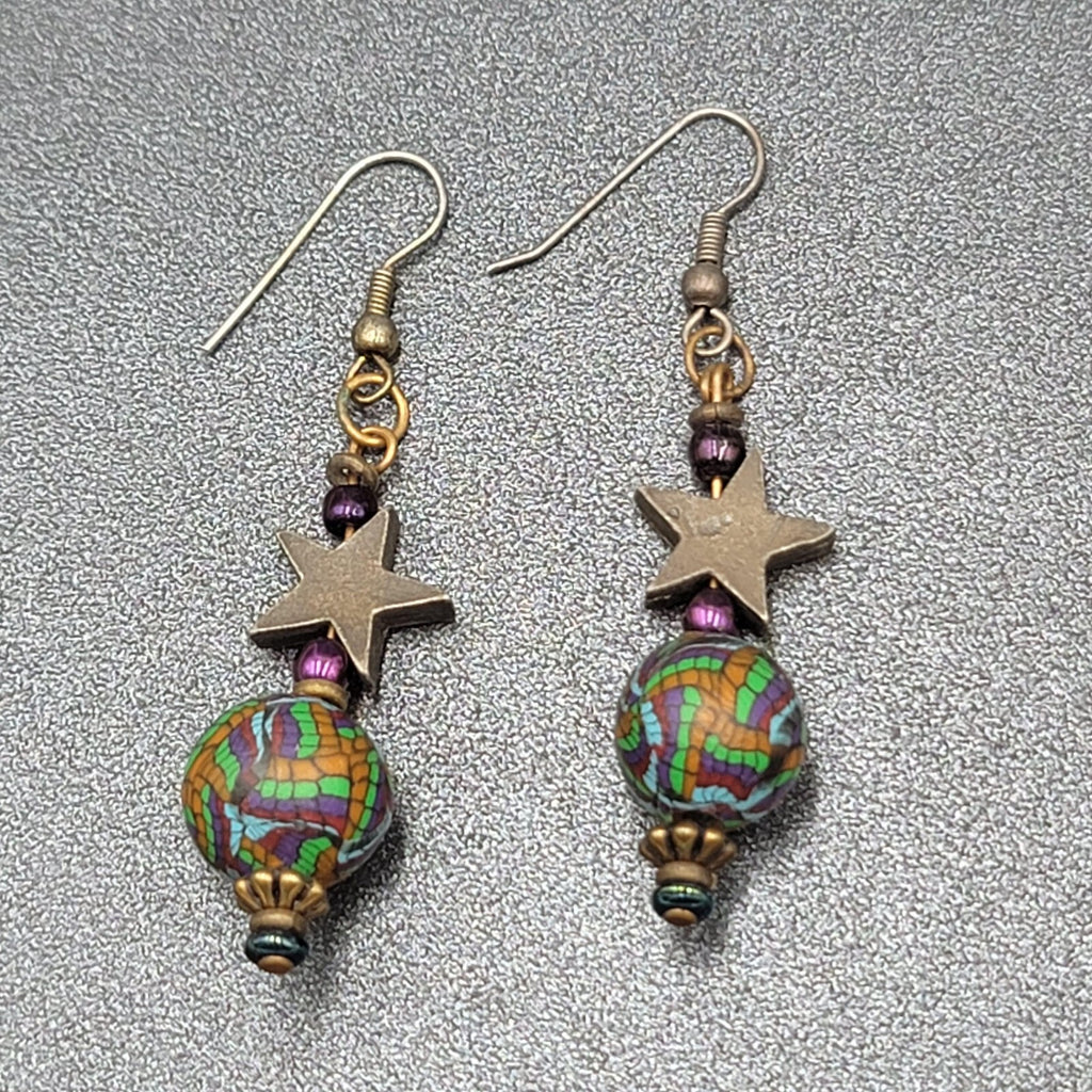 Pierced Earrings Star Bead Pottery Multicolor Bead 1.75"
