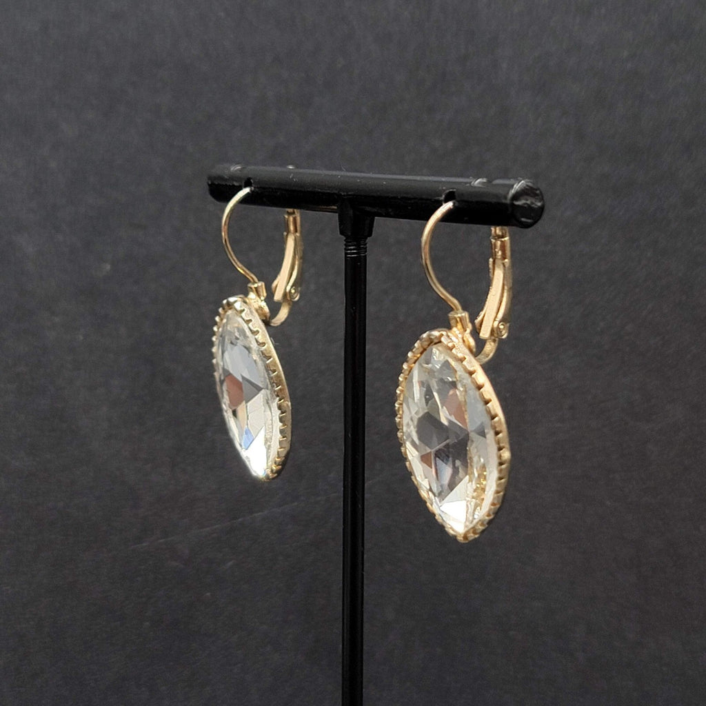 Pierced Earrings Gold tone Glass Faceted Marquis Dangle 1"