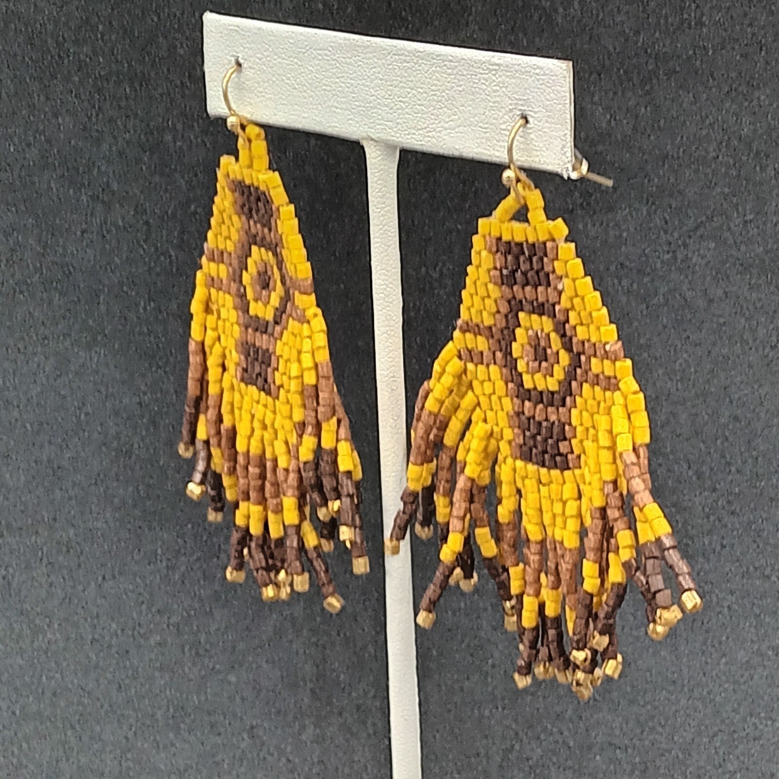 Pierced Earrings Wood Bead Weaved Browns Gold tone Dangle 2.75"
