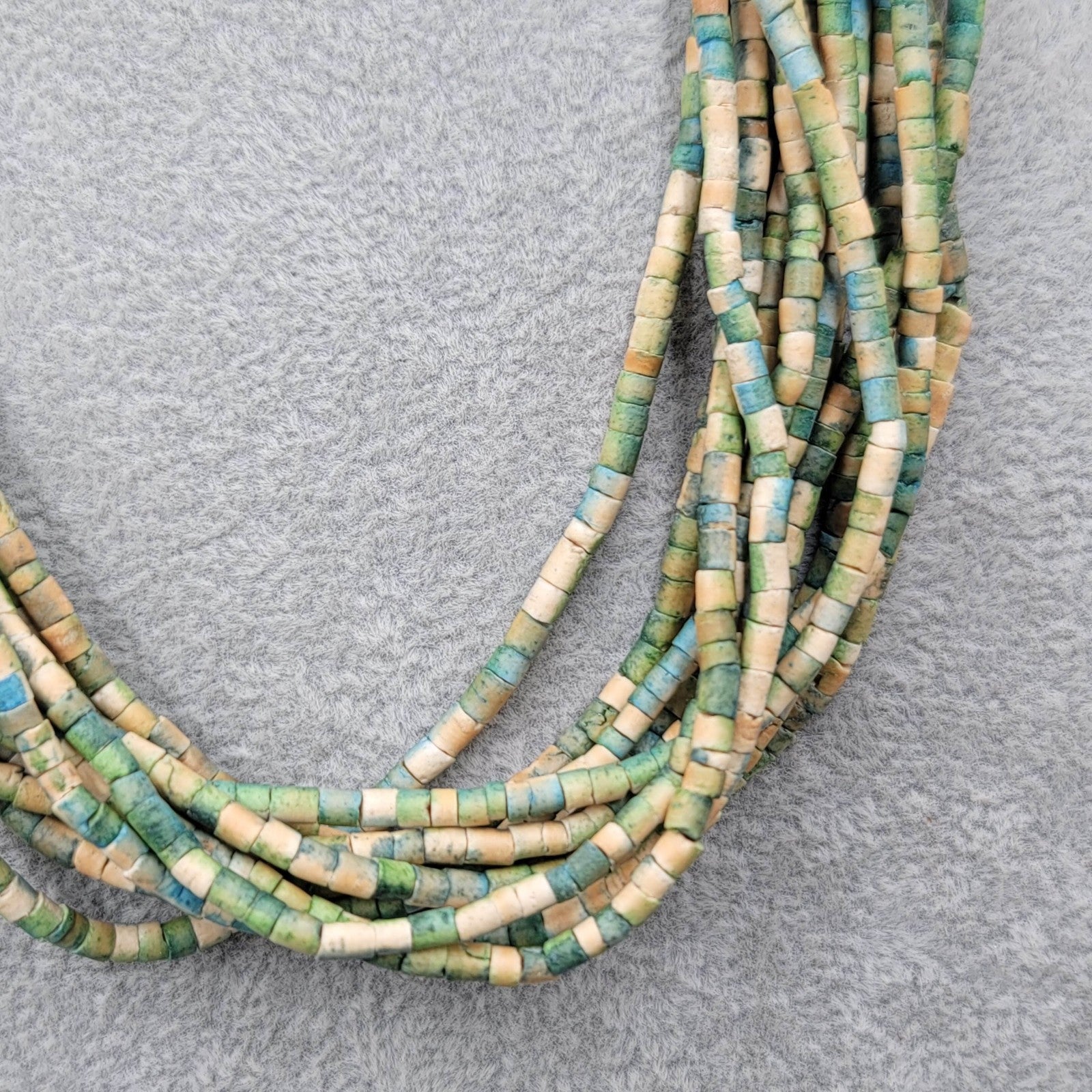 Multistrand Green Tan Bead Necklace Coconut Button Closure Adj 18"-20"