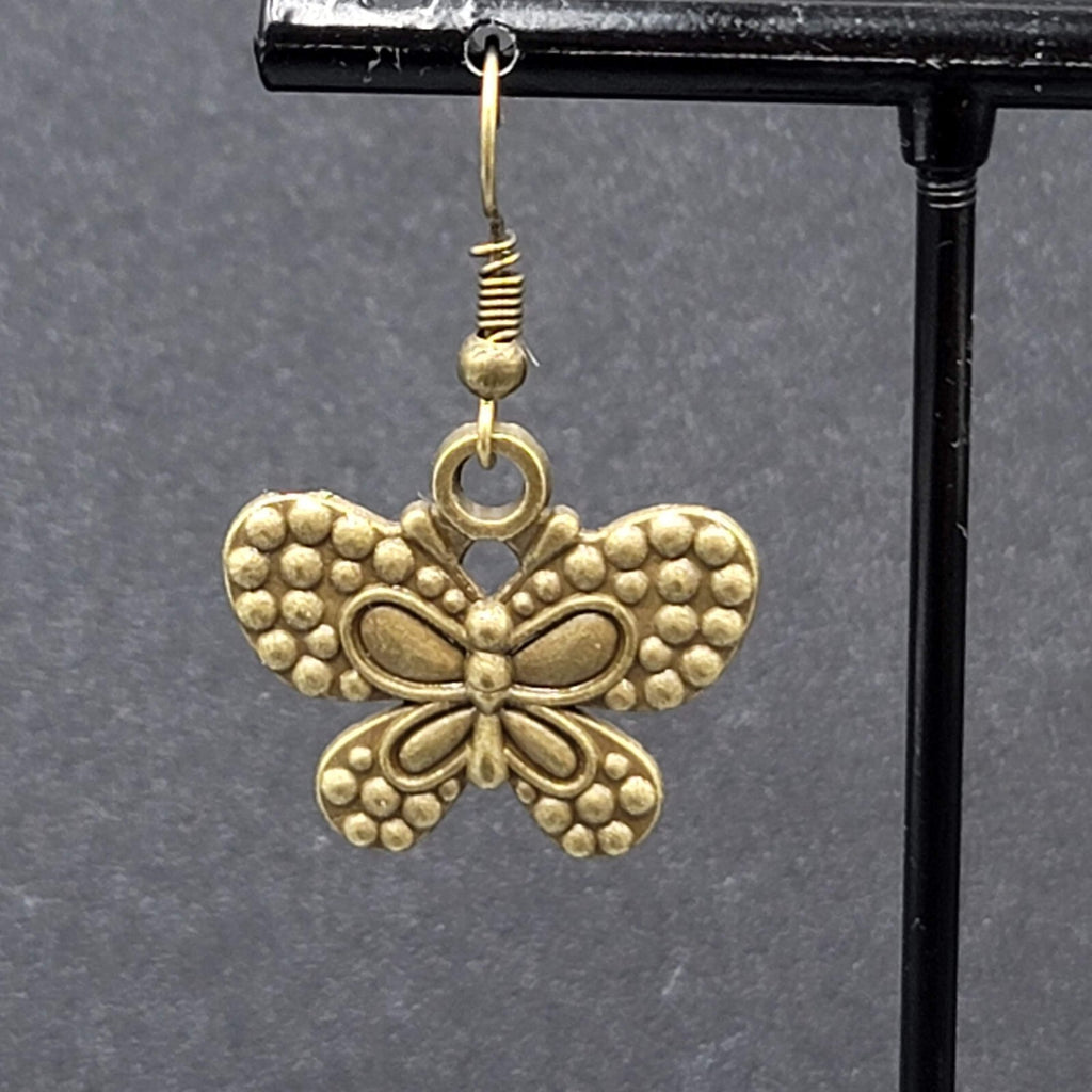 Butterfly Pierced Earrings Dangle Bronze tone Embossed 7/8"