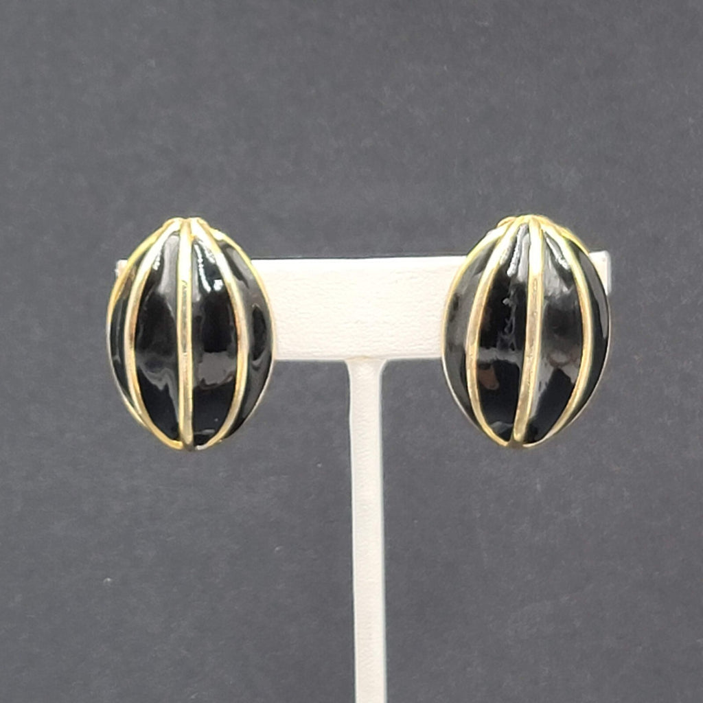Vintage Clip on Earrings Gold Plated Black Enamel Drop Statement 1.25"