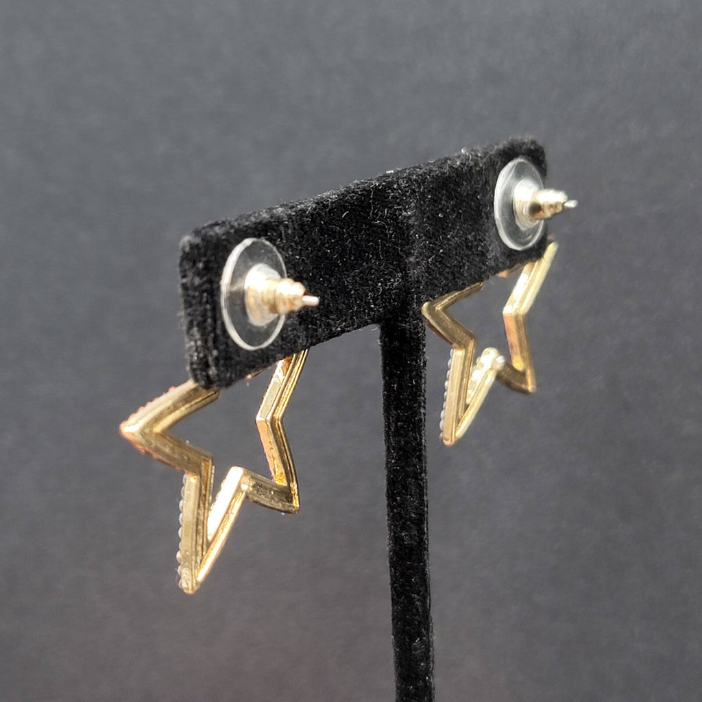 Open Star Pierced Earrings Multicolor Tiny Crystals Drop 1.25"