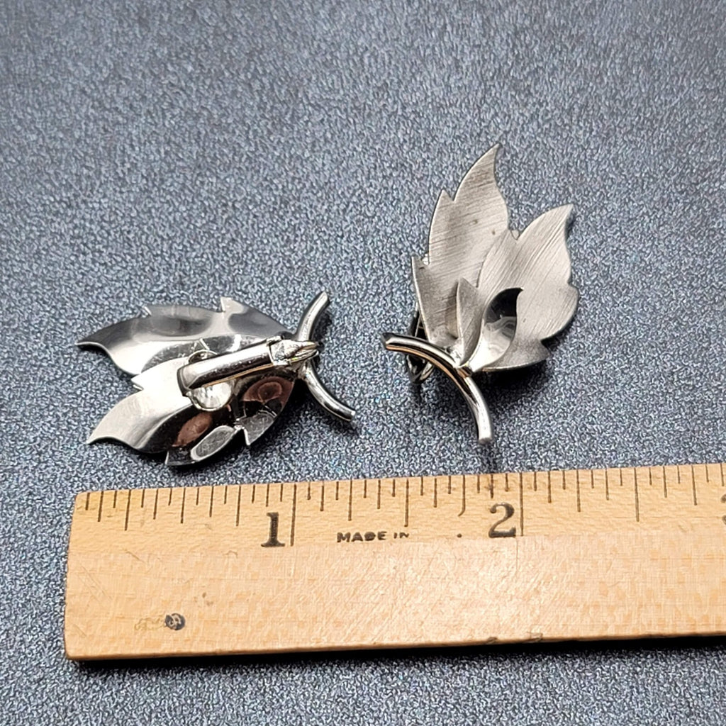 Vintage Clip on Earrings Brushed Silver tone Leaves Climber 1.5"