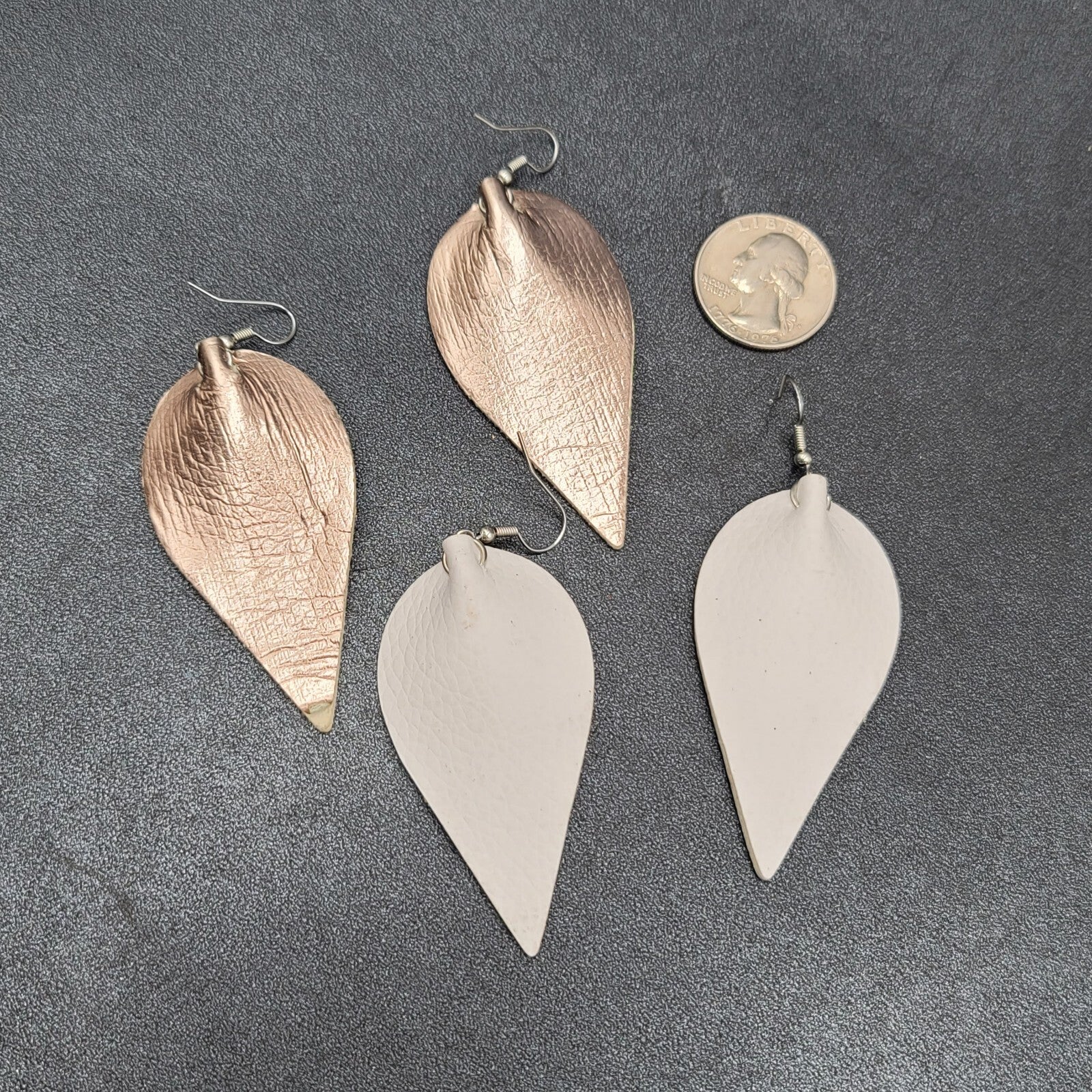 Lot of 2 Pierced Earrings Faux Leather Dangle 2.5" Silver tone