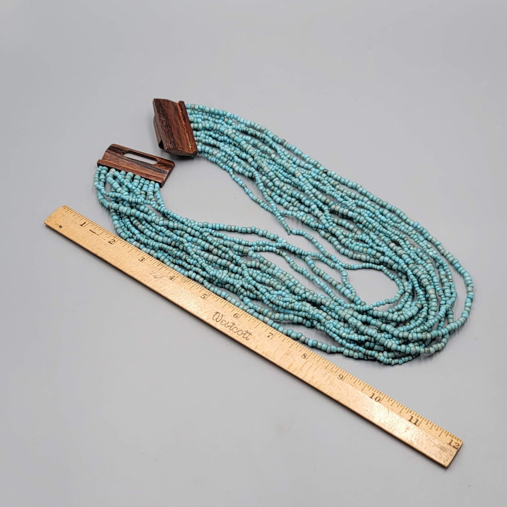 Artisan Necklace 14 Strand Blue Seed Bead Wood Clasp Statement 18"