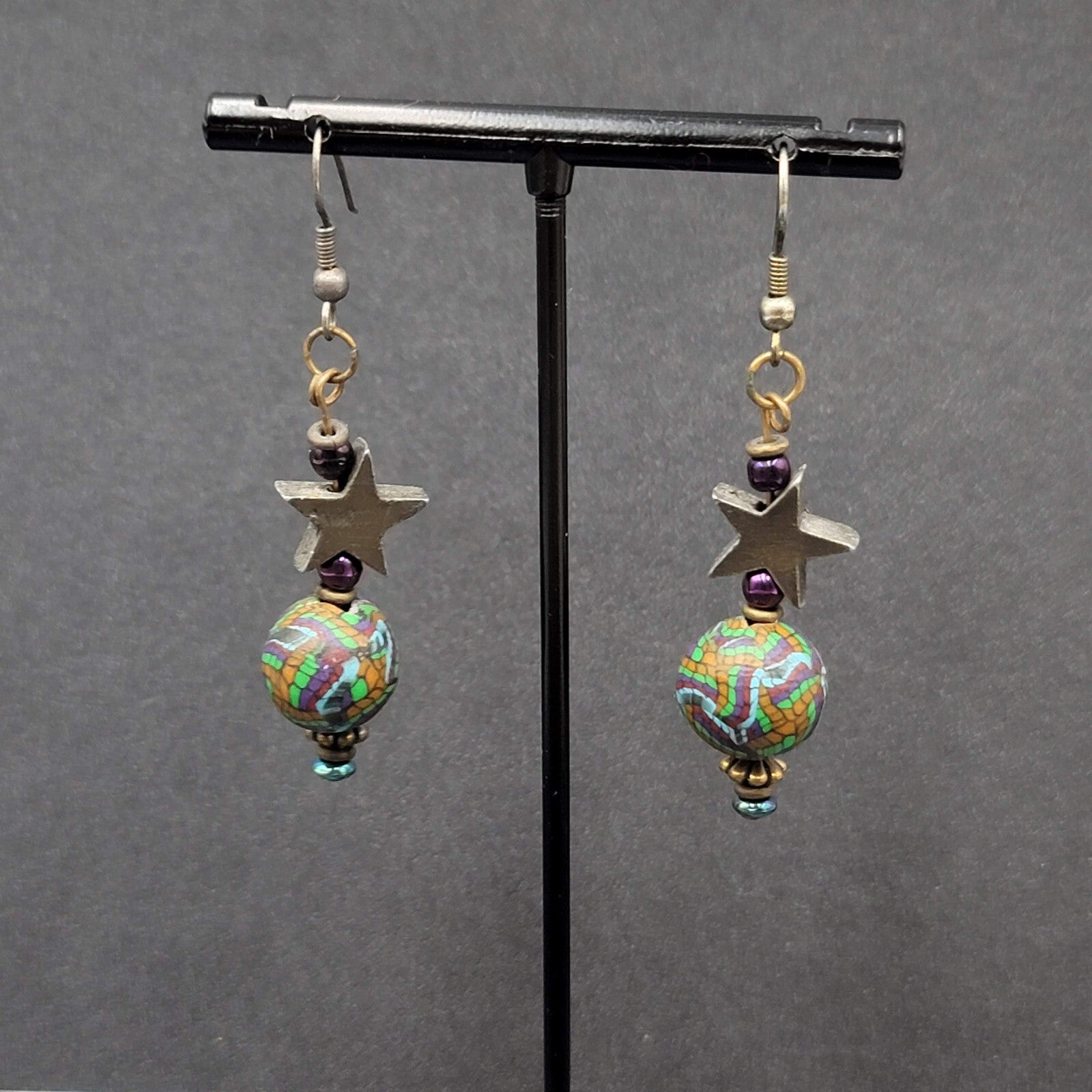 Pierced Earrings Star Bead Pottery Multicolor Bead 1.75"