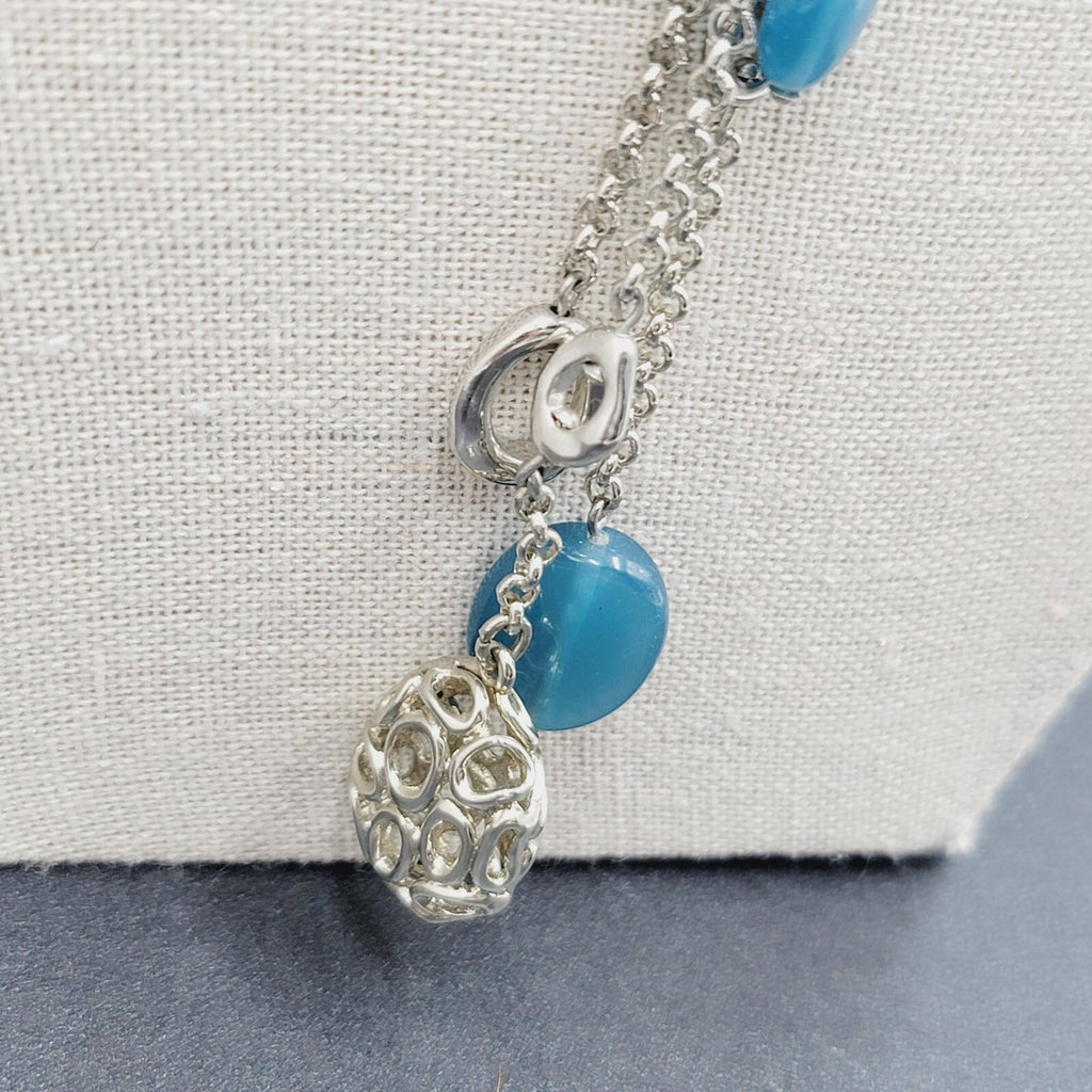 Y Necklace Hematite Silver tone Blue Bead Accent Multi Chain 18" + 5"