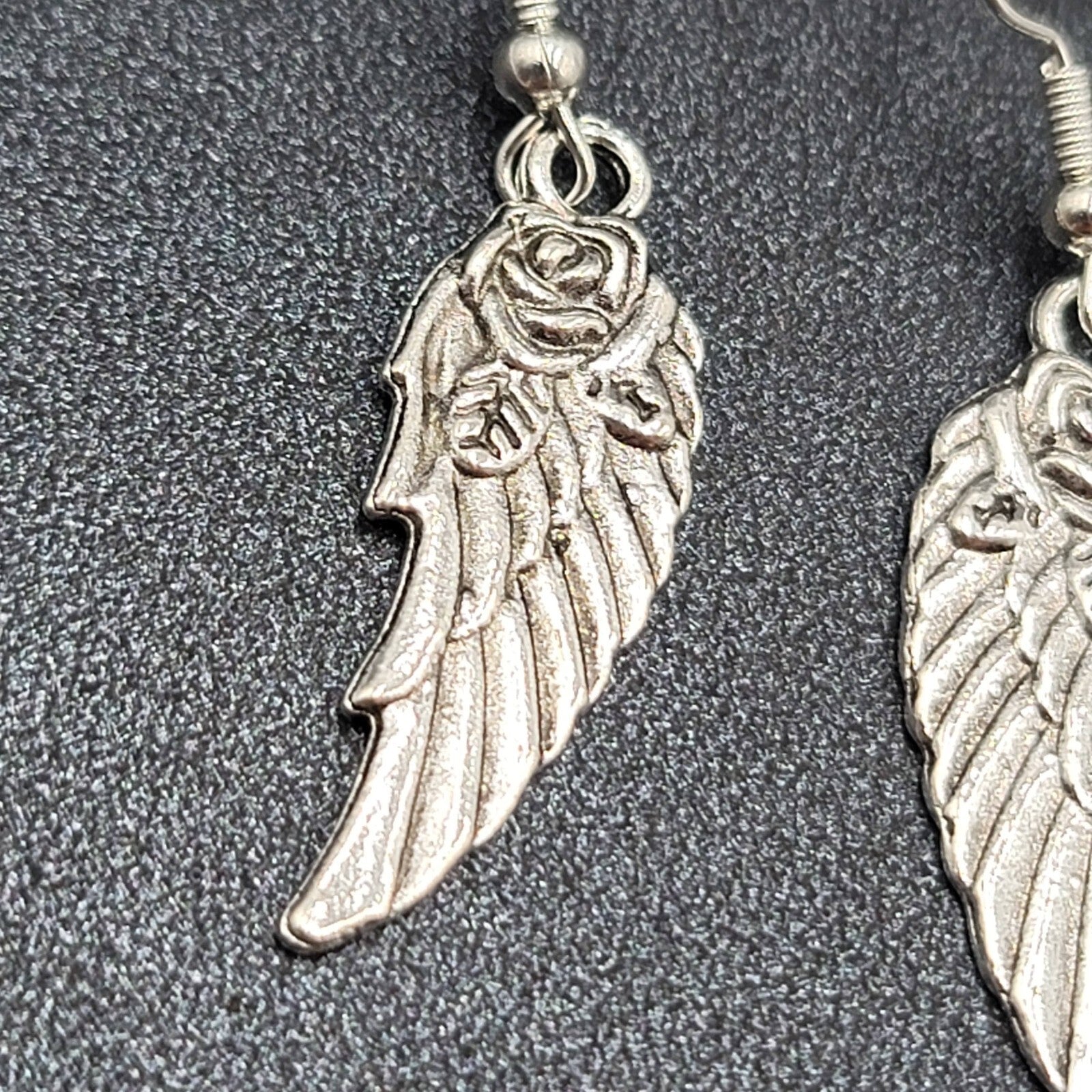 Wings Pierced Earrings Silver tone Rose Dangle 1 1/8"