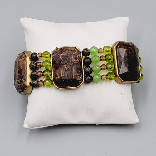 Brown Green Bead Bracelet Stretch Elastic Statement 7"