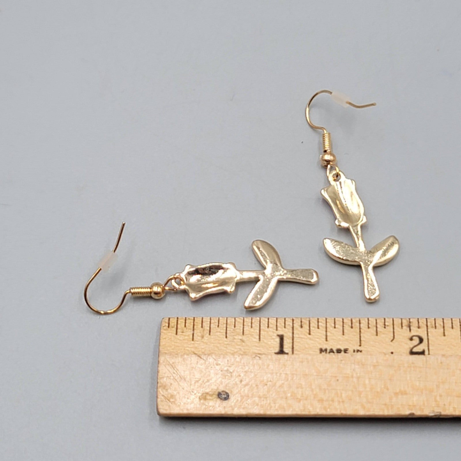 Pink Rose Bud Flower Dangle Pierced Earrings Gold Tone Enamel 1.25"
