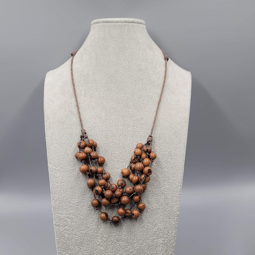 Artisan Natural Seed Necklace Hand Strung Layered Brown Adjustable Cord 24"