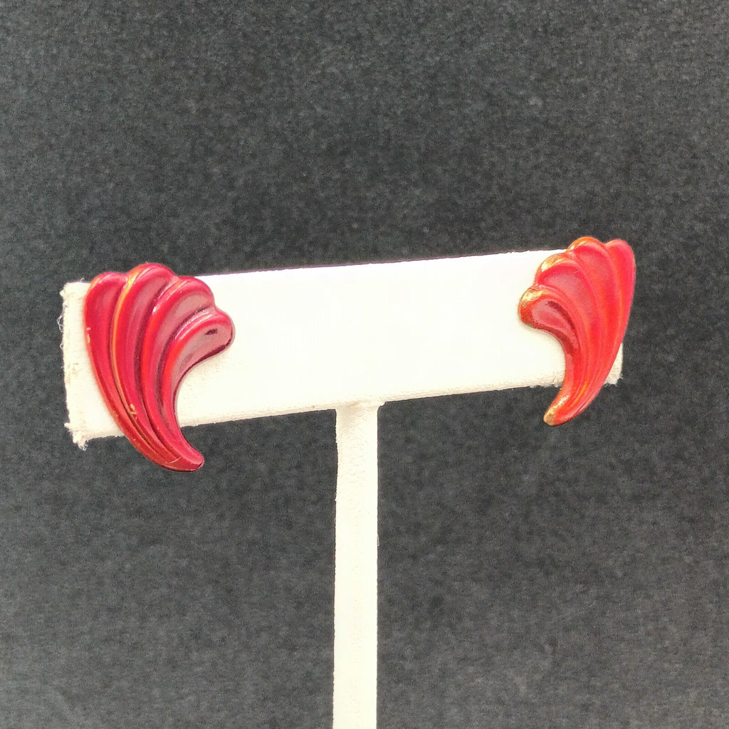 Vintage Pierced Earrings Red Enamel Textured Small Drop 3/4"