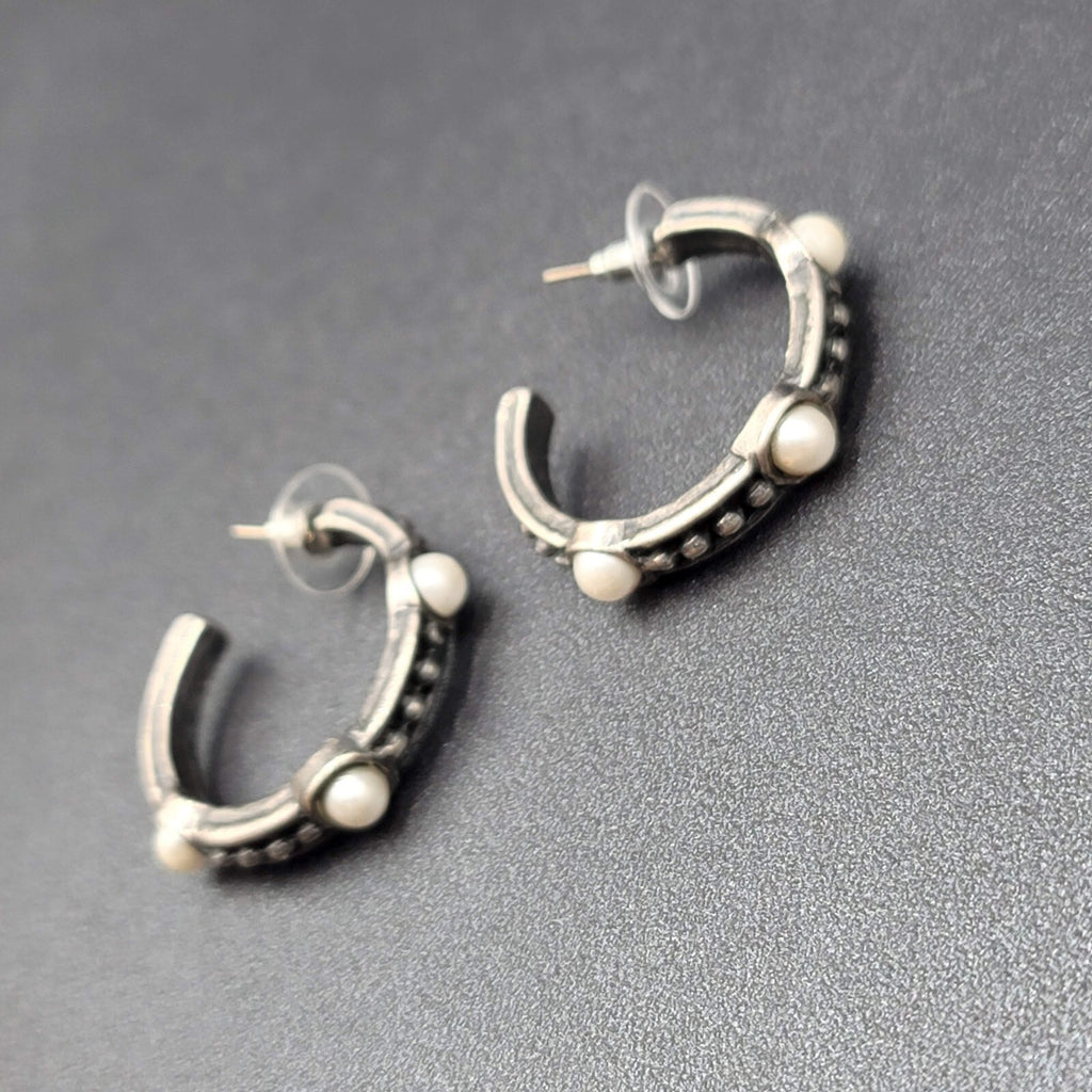 Pierced Earrings Silver tone Faux Pearl Hoops  1.25"
