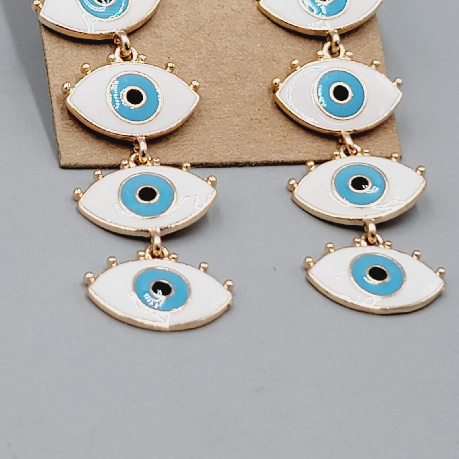 Attic Salt EYE Pierced Earrings Blue Eyes Dangle Gold tone NWT 2.25"
