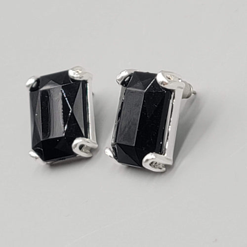 Black Faceted Pierced Earrings Silver tone Rectangle Drop 3/4"