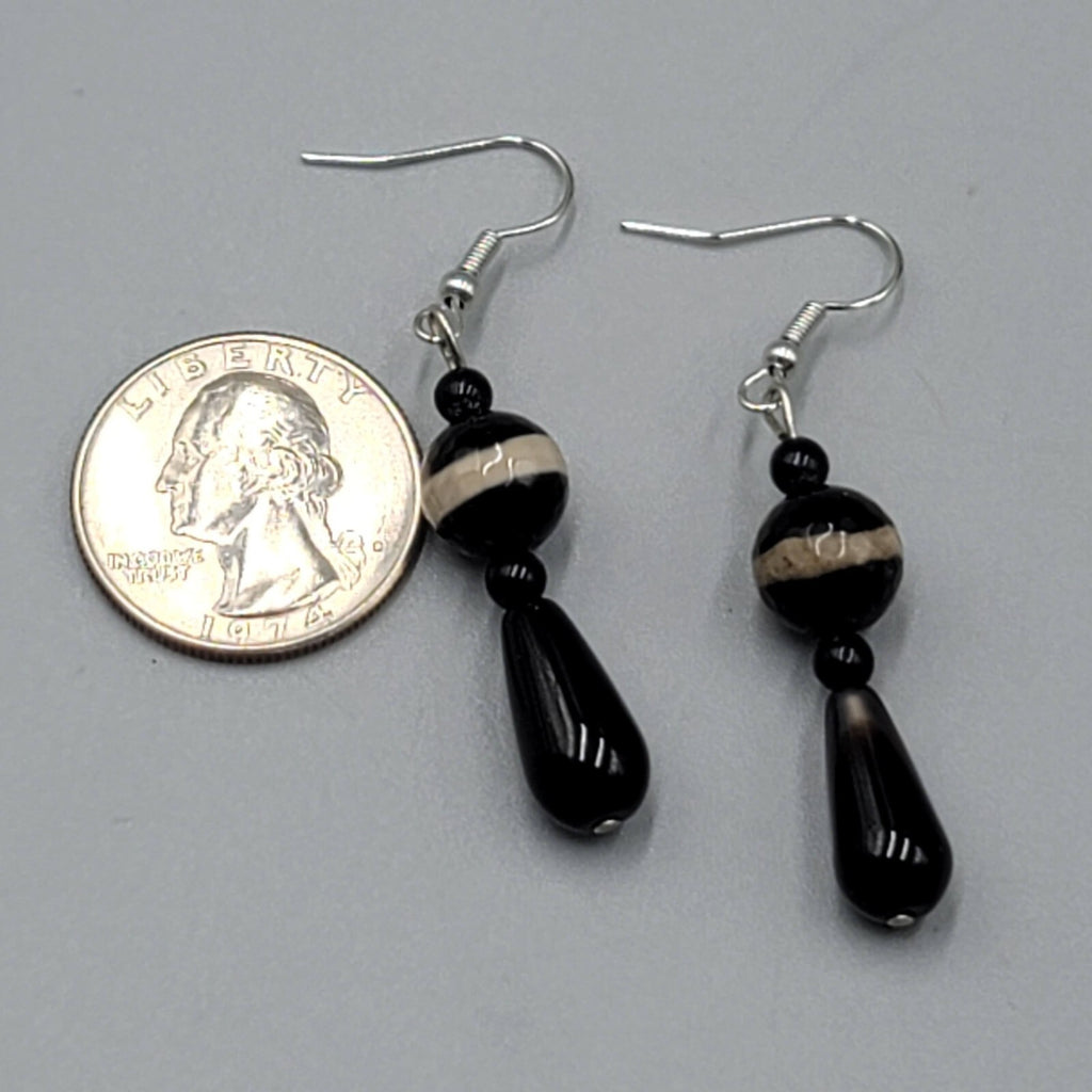 Pierced Earrings Silver tone Black Brown Art Glass Bead Dangle 1.5"