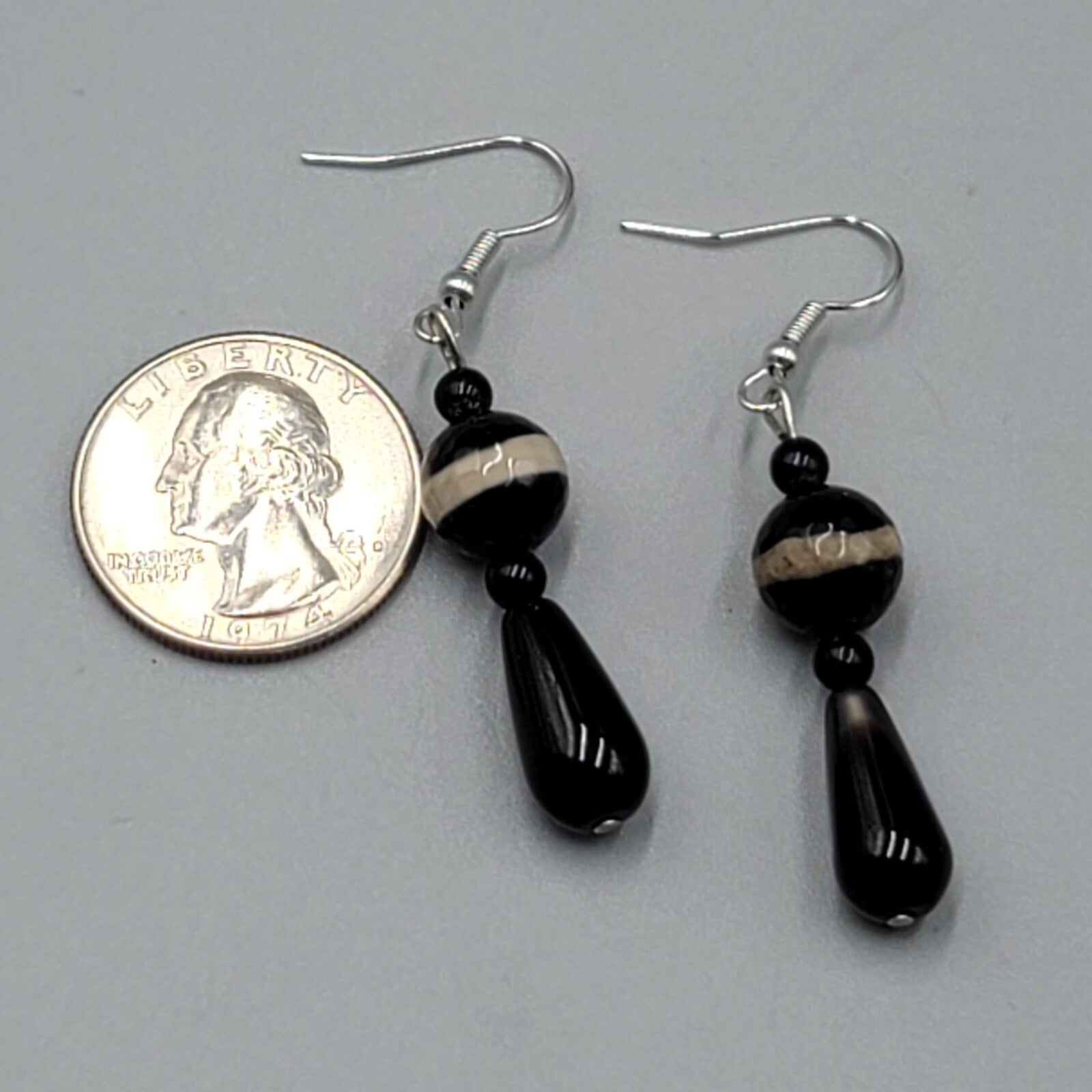 Pierced Earrings Silver tone Black Brown Art Glass Bead Dangle 1.5"