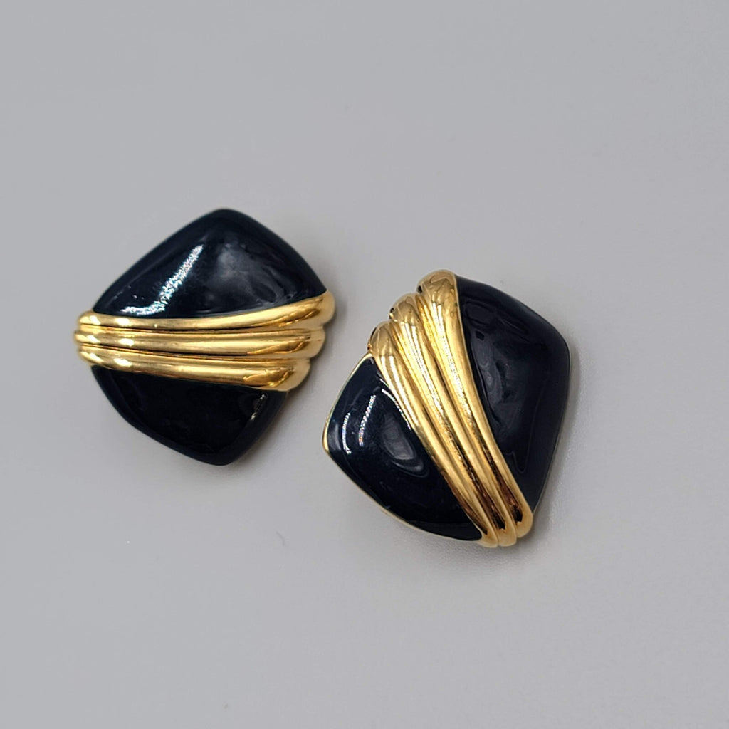 Vintage Monet Clip on Earrings Navy Blue Enamel Drop 7/8"