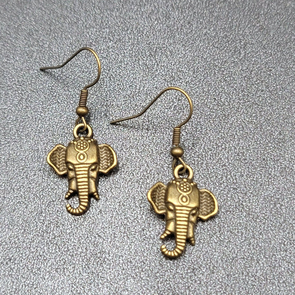 New ELEPHANT Head Pierced Earrings Bronze tone Dangle 7/8"