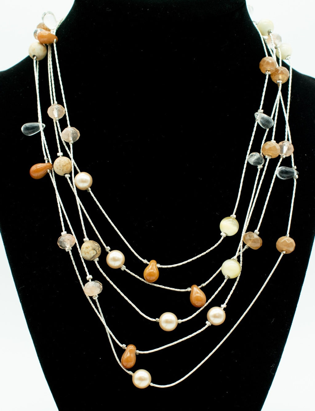 Liz Claiborne LC Necklace Multi Strand Cats Eye Agate Pearl Beads 16" - 18"