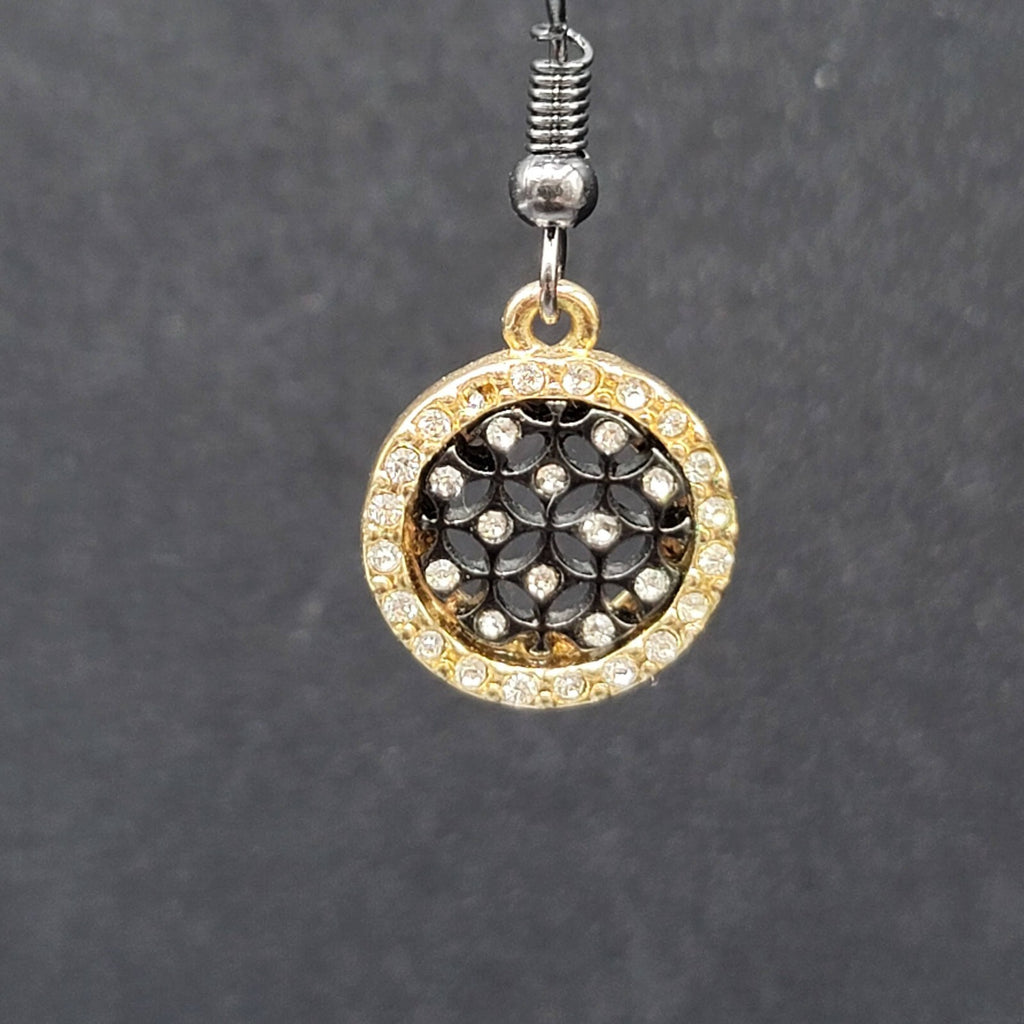 Pierced Earrings Black Metal Gold tone Crystal Round Open Work Dangle 5/8"