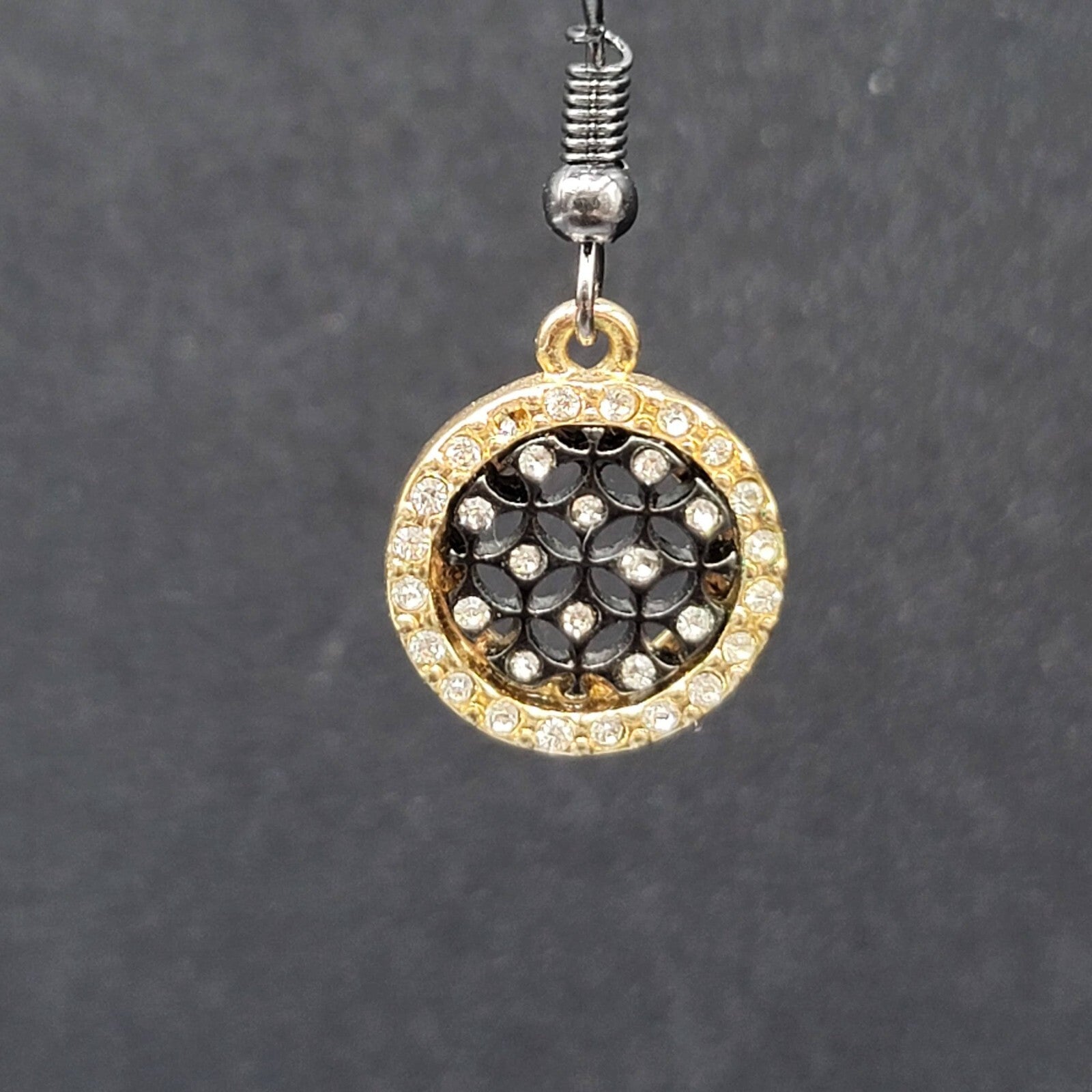 Pierced Earrings Black Metal Gold tone Crystal Round Open Work Dangle 5/8"