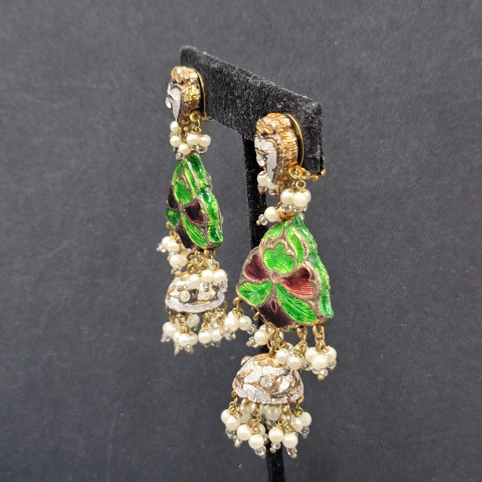 Clip on Earrings Large Enamel Guilloche Beaded Chandelier India Jewelry 2.75"