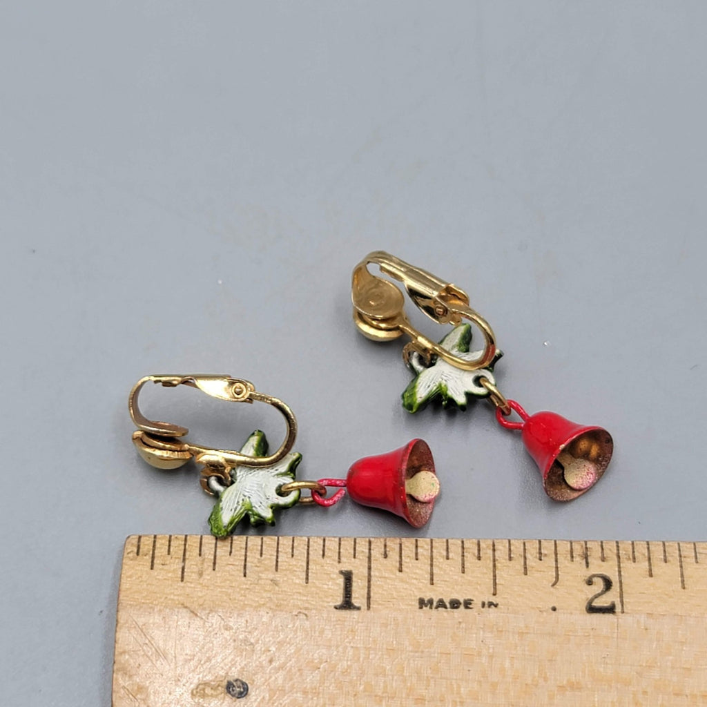 Vintage Christmas Clip on Earrings Gold tone Dangle Holly Jingle Bells 1.25 in
