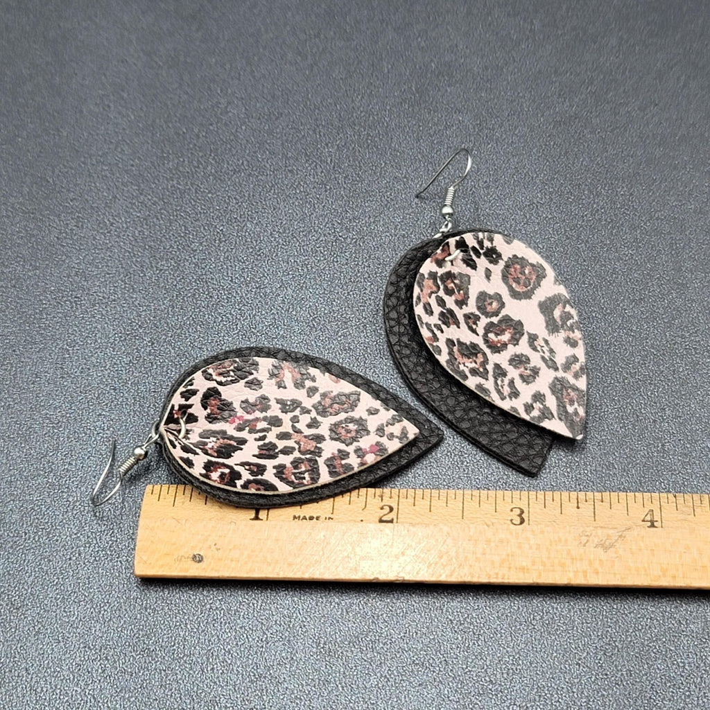Pierced Earrings Faux Leather Leopard Print Layered Dangle 2.25"