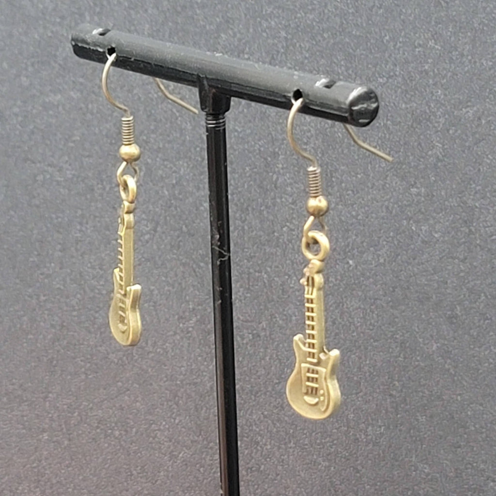 Electric Guitar Pierced Earrings Bronze tone Embossed Dangle 1"
