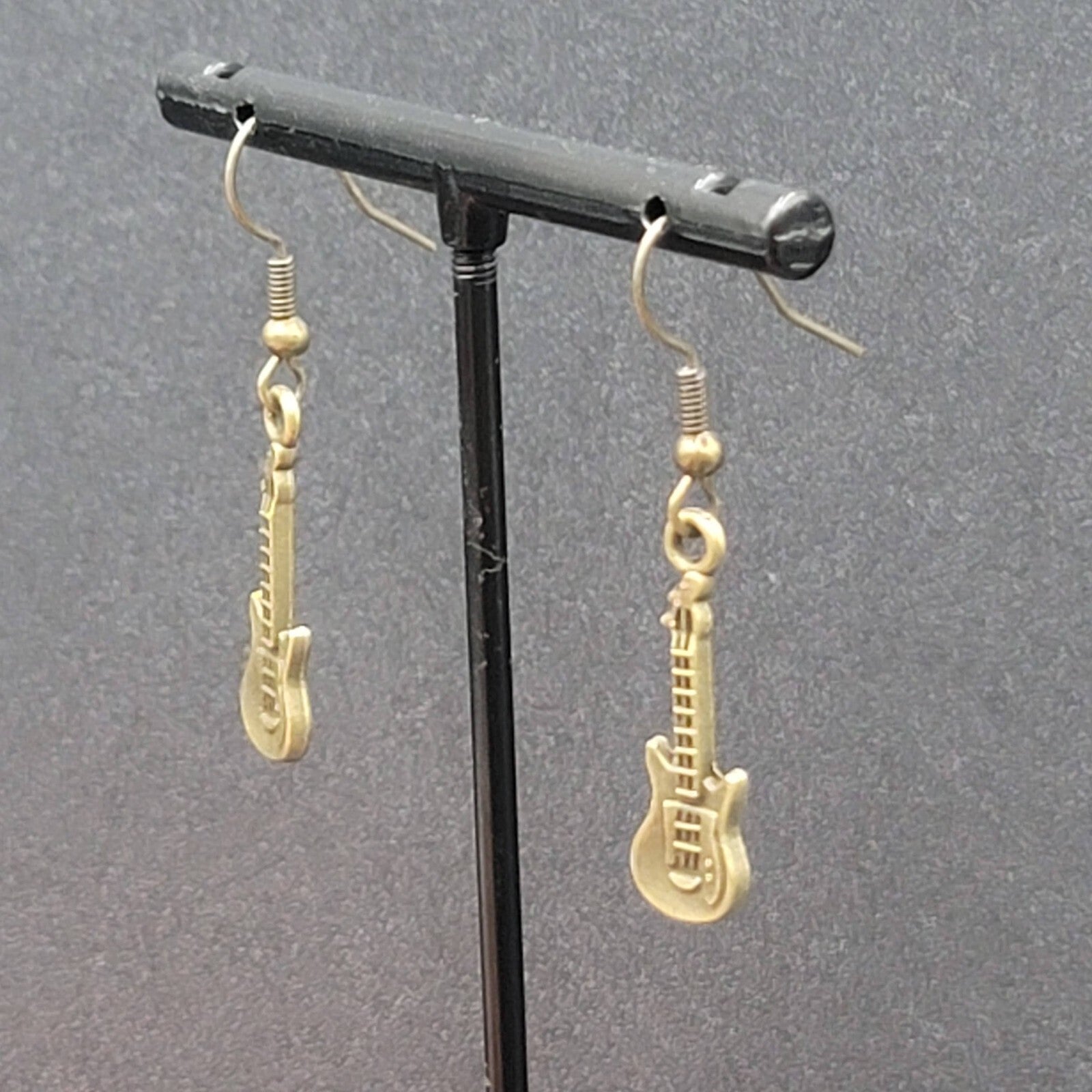 Electric Guitar Pierced Earrings Bronze tone Embossed Dangle 1"