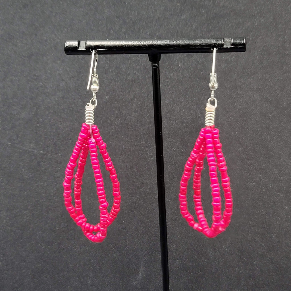 Pierced Earrings Red Seed Beaded Double Loops Dangle 2"