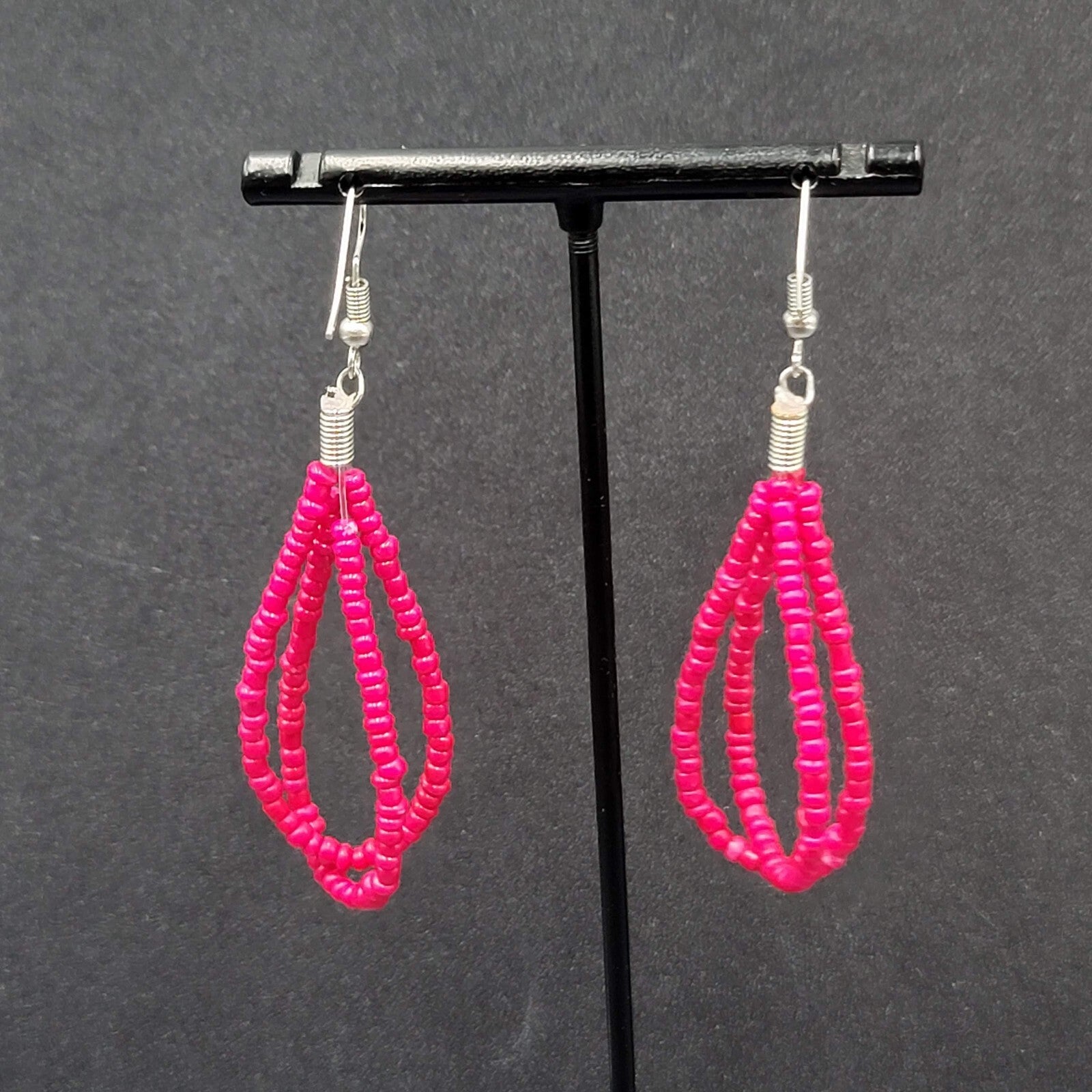 Pierced Earrings Red Seed Beaded Double Loops Dangle 2"