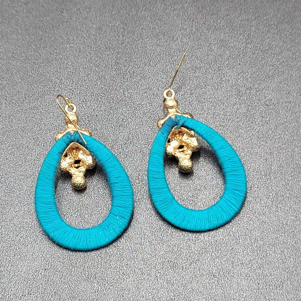 Pierced Earrings Gold tone Yellow Rhinestone Blue String Wrapped Hoops 2.25"