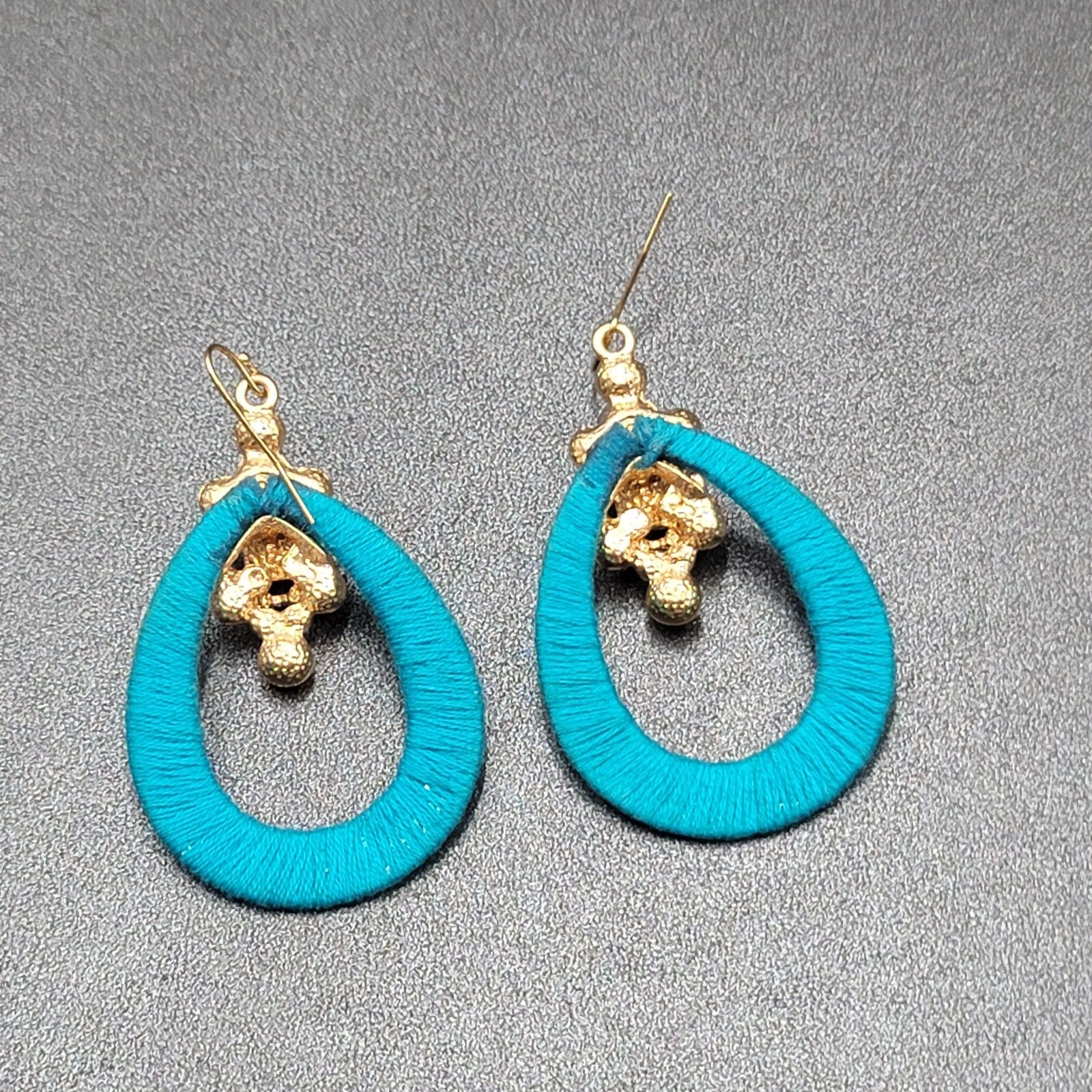 Pierced Earrings Gold tone Yellow Rhinestone Blue String Wrapped Hoops 2.25"