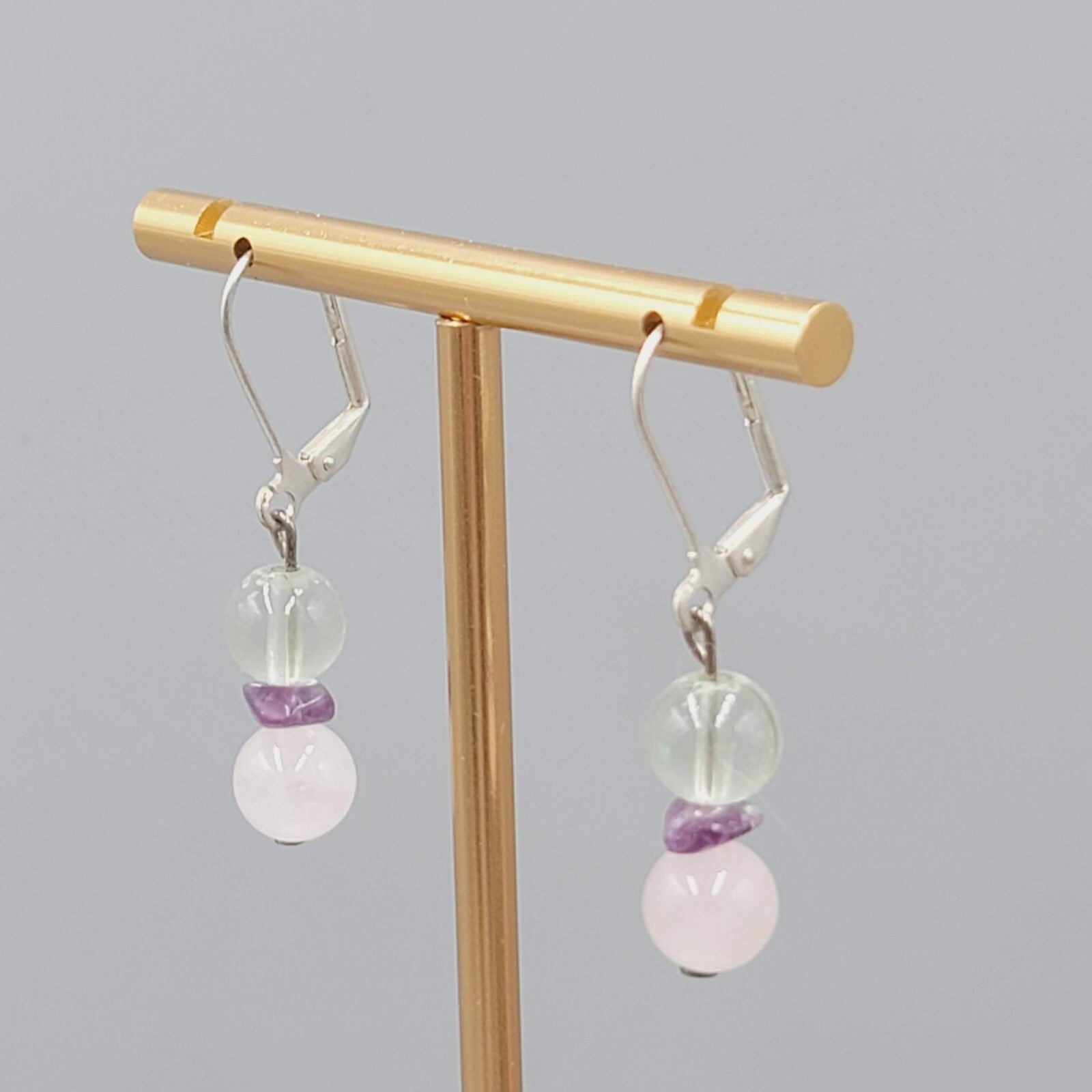 White and Pink Quartz Bead Pierced Earrings Silver tone Dangle Amethyst 7/8"