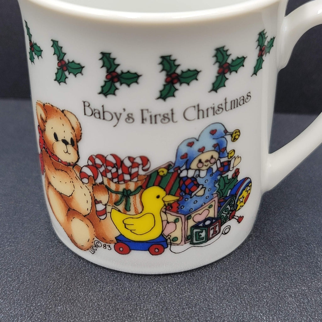 Vintage Enesco Babys First Christmas Cup Mug 1985 lucy and me Bears Holly 2.5"