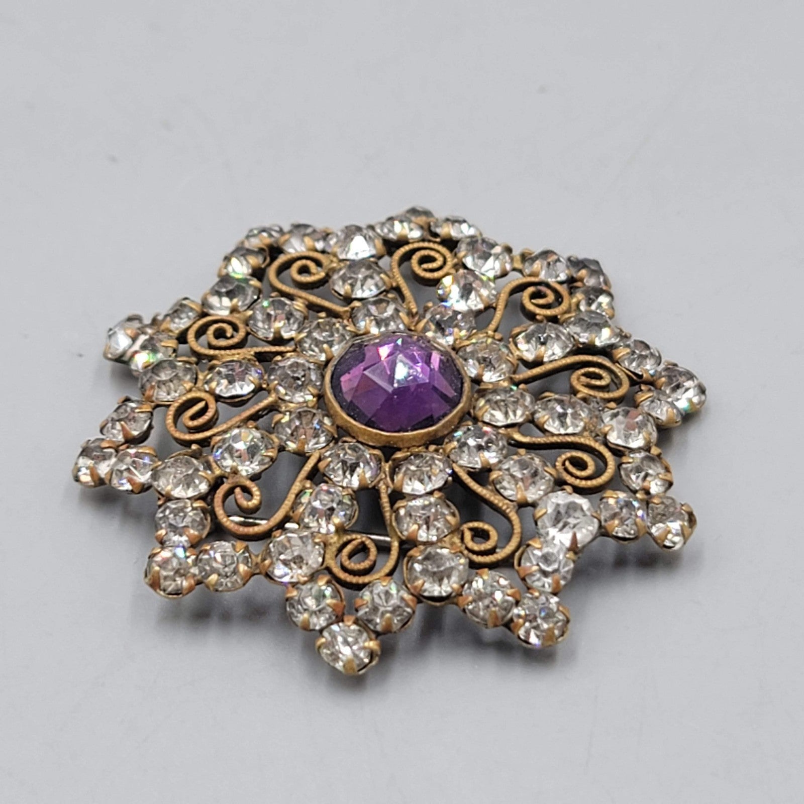 Antique Purple Rhinestone Filigree Brooch Gold tone Flower 2 in